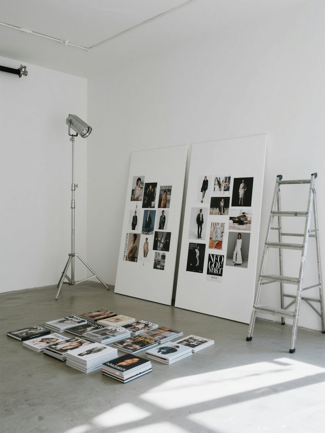 Bright white studio with two moodboards of fashion photographs, a ladder, a studio light and stacks of magazines on the floor