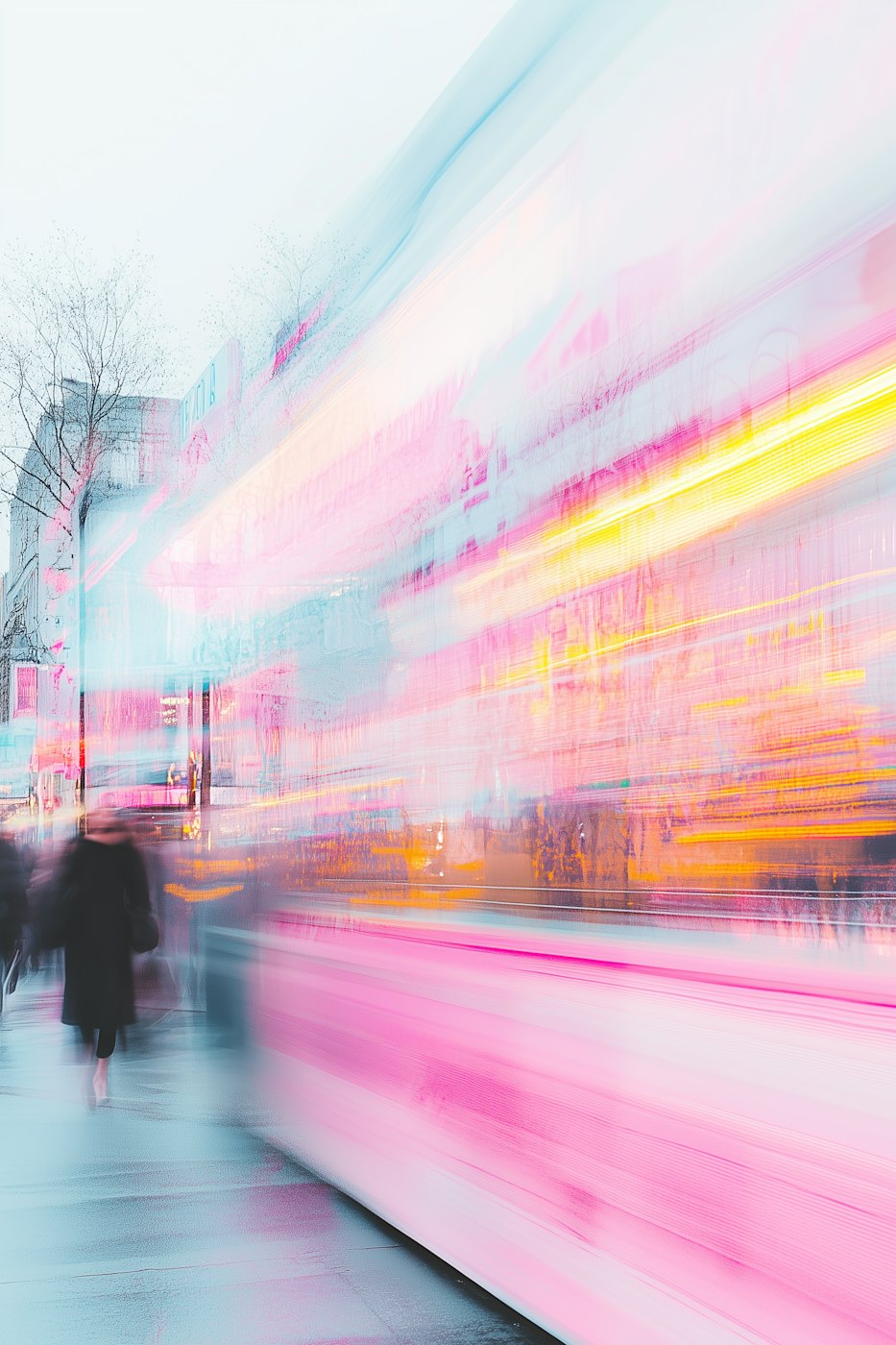 Long exposure of a city street where a passing tram dissolves into streaks of pink, yellow and pale blue light