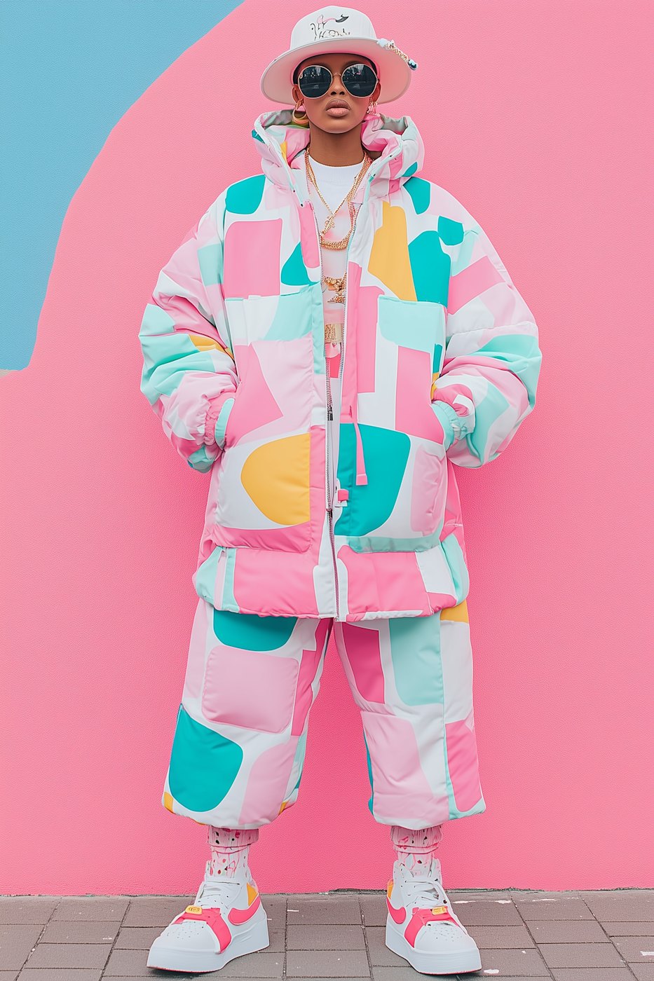 Model in an oversized pastel patchwork puffer jacket, matching trousers and a white bucket hat against a bright pink wall
