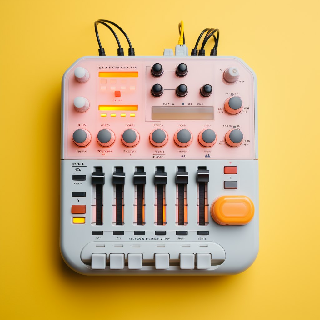 Pastel pink and grey music production controller with knobs and faders on a bright yellow background
